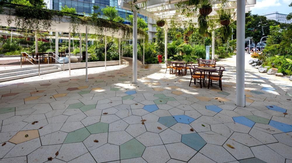 Climate Stone permeable paving at the public outdoor community area of Temasek Shophouse