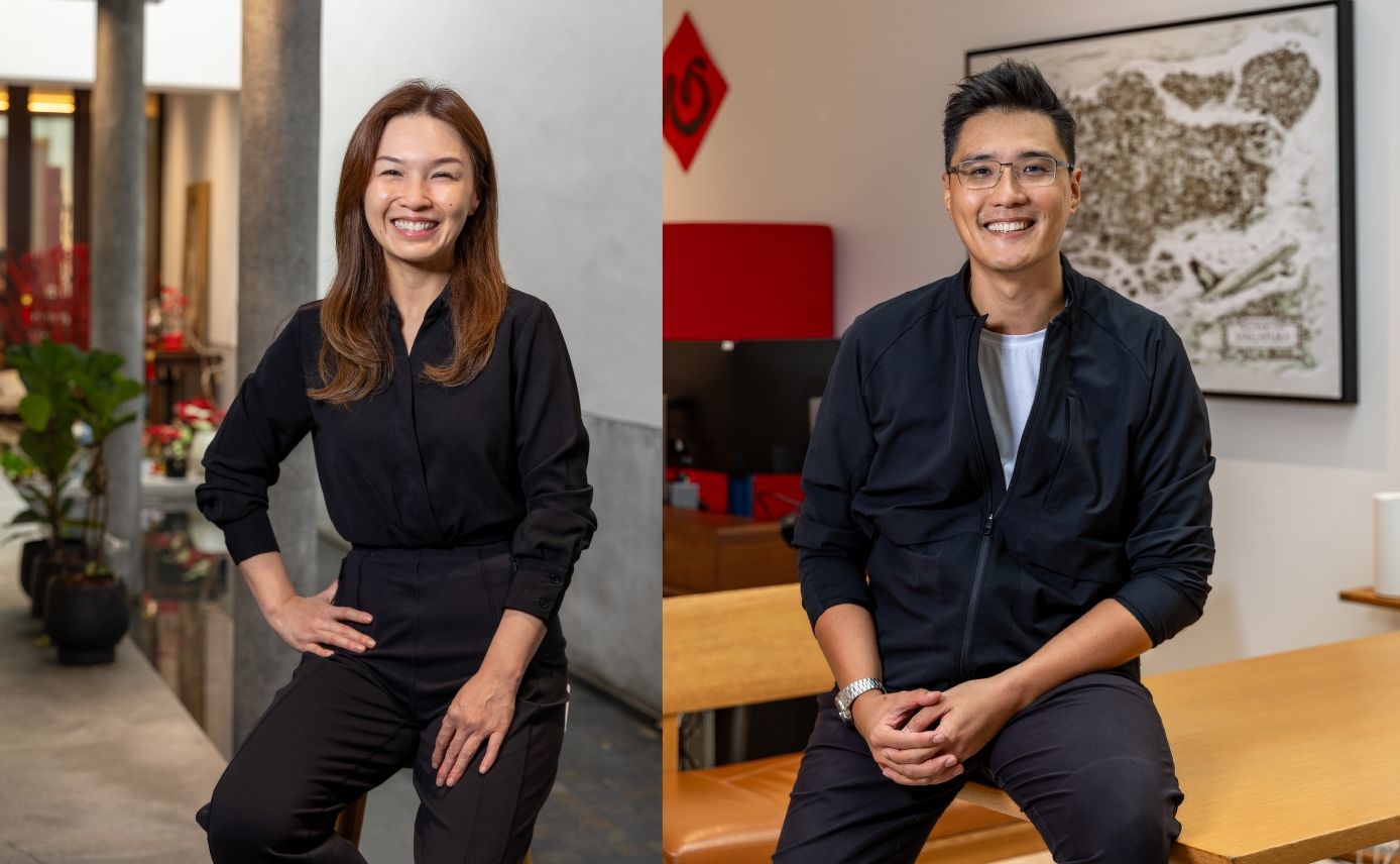 Renee Lim and Oliver Goh of commercial interior design and build firm LFA Studio at their Neil Road conservation shophouse headquarters