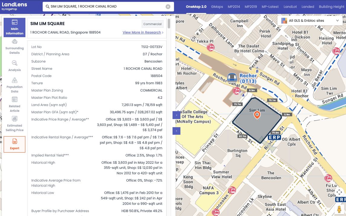 Sim Lim Square on Rochor Canal Road, shown on a map on the LandLens tool by EdgeProp