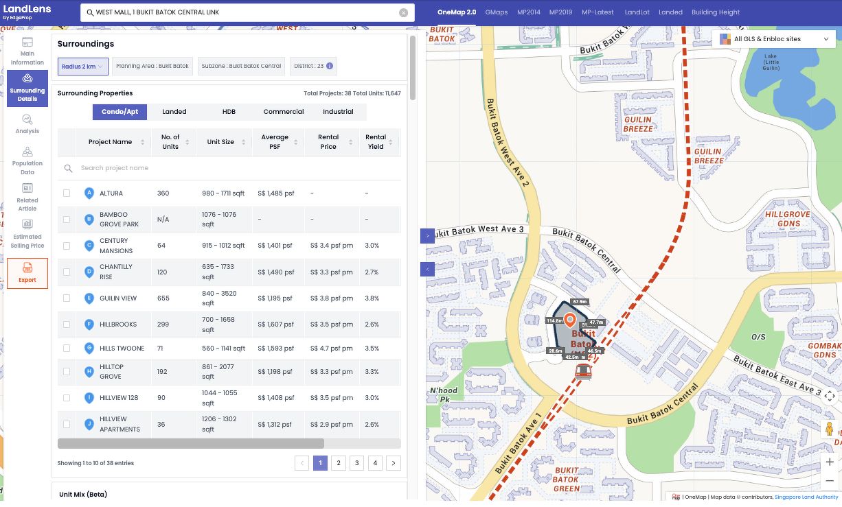 A screenshot of LandLens by EdgeProp, showing the map of West Mall and the residential estates and park nearby