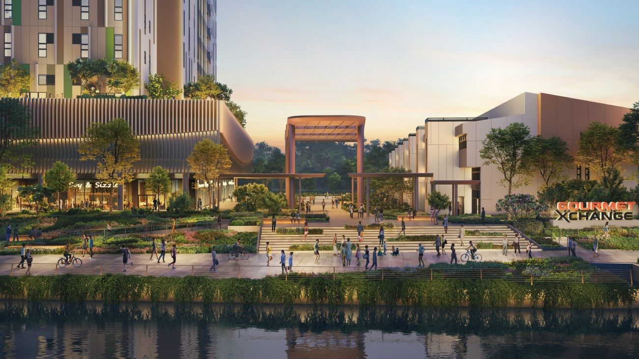 Artist's impression of Gourmet Xchange waterfront community spaces next to the Kallang River