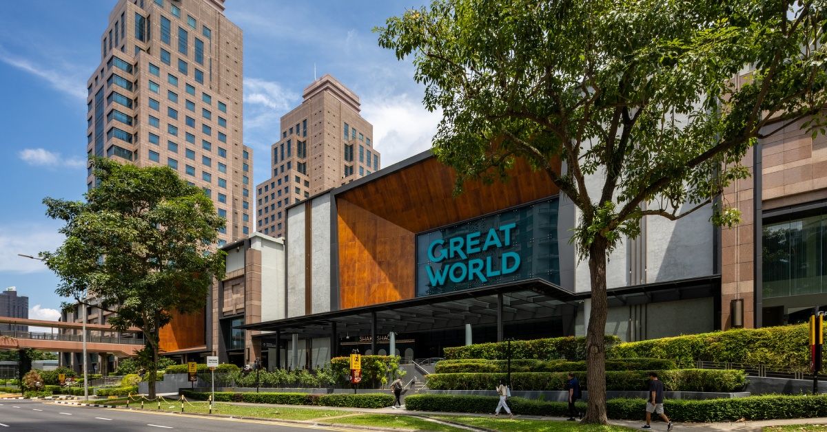 Great World exterior showing the six-storey mall with the towers in the background