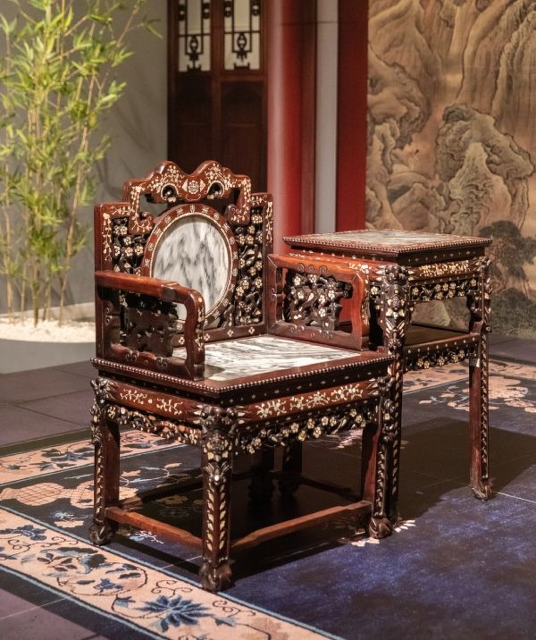 Traditional Chinese armchair, or 'tai shi yi', made with hardwood and displayed in a museum in Shenyang, China