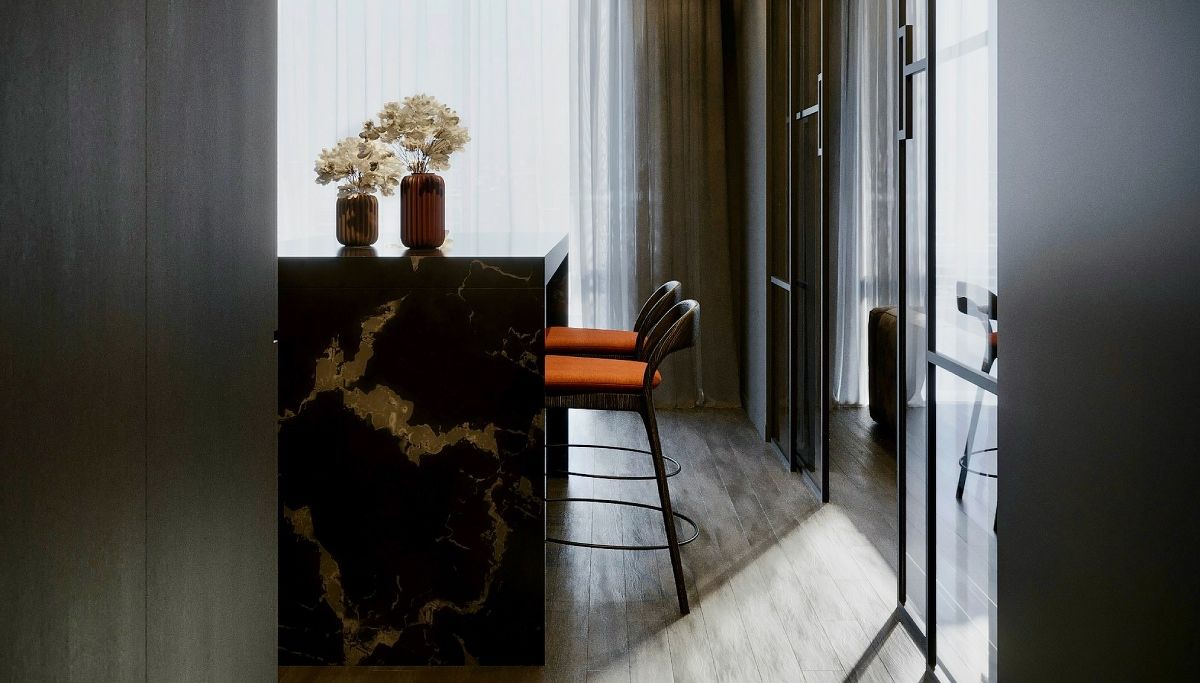 An apartment interior with a marble bar counter and balcony