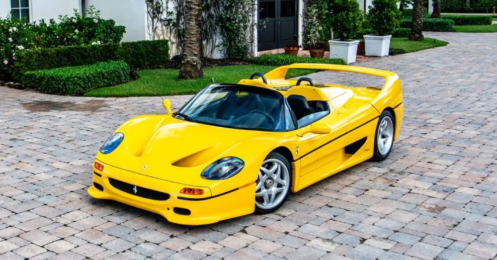 A photo of a ultra-rare yellow Ferrari F50 previously owned by Ralph Lauren and recently sold by RM Sotheby's