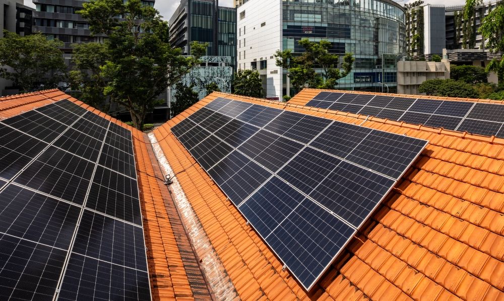 Solar panels on the restored historic roof of Temasek Shophouse