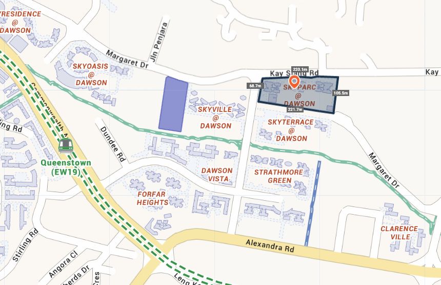 A map of the Queenstown area, including the mrt station, 95 Dawson Road and other residential developments nearby like Forfar Heights and Strathmore Green