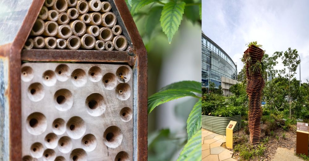 Insect hotel and the Habitat Tree sculpture for birds and climbing plants
