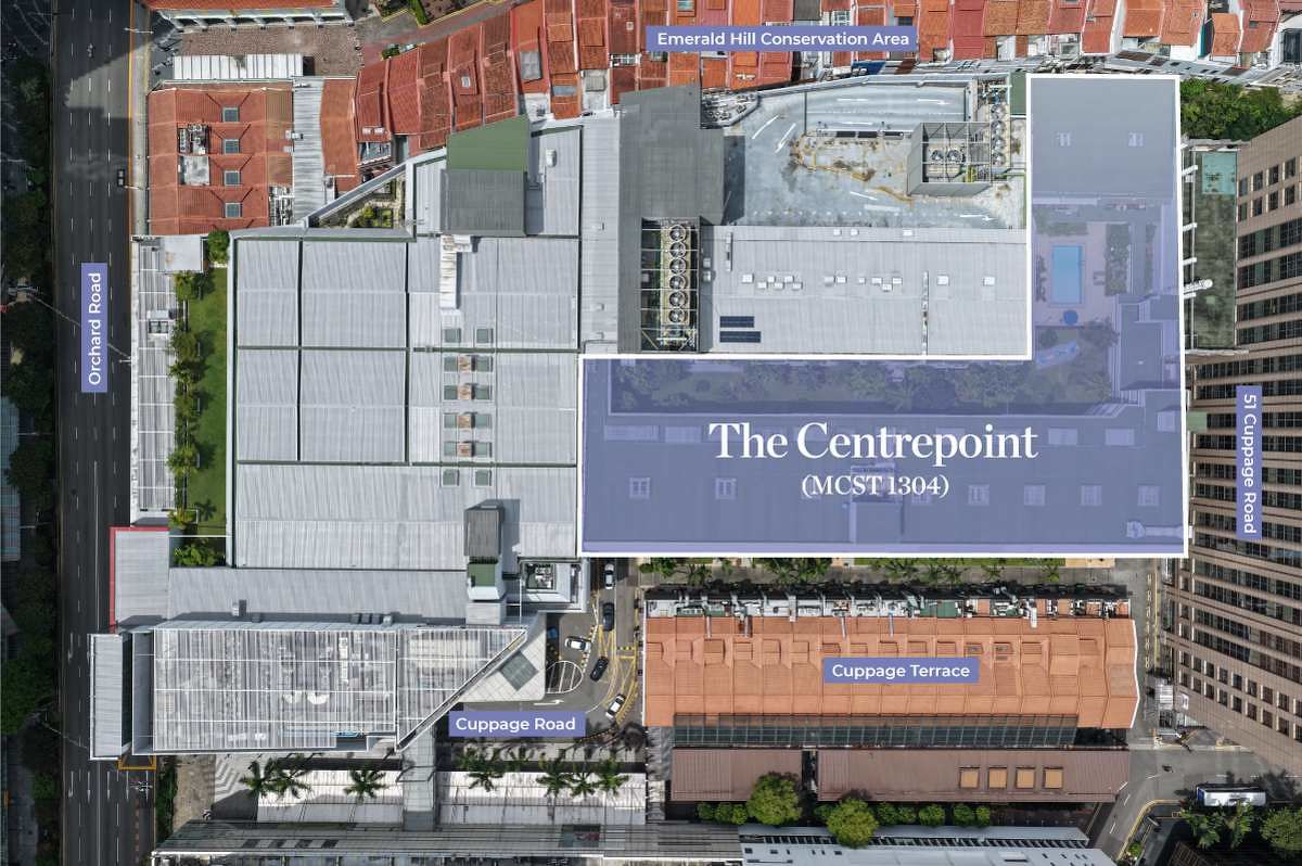 An aerial photo showing the 99-year leasehold L-shaped rear plot at The Centrepoint.