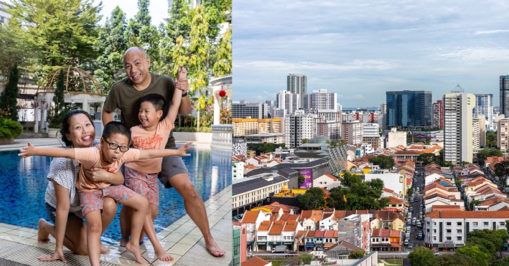 The family at the private residential development's pool (left). Little India - housing and commercial buildings (right).