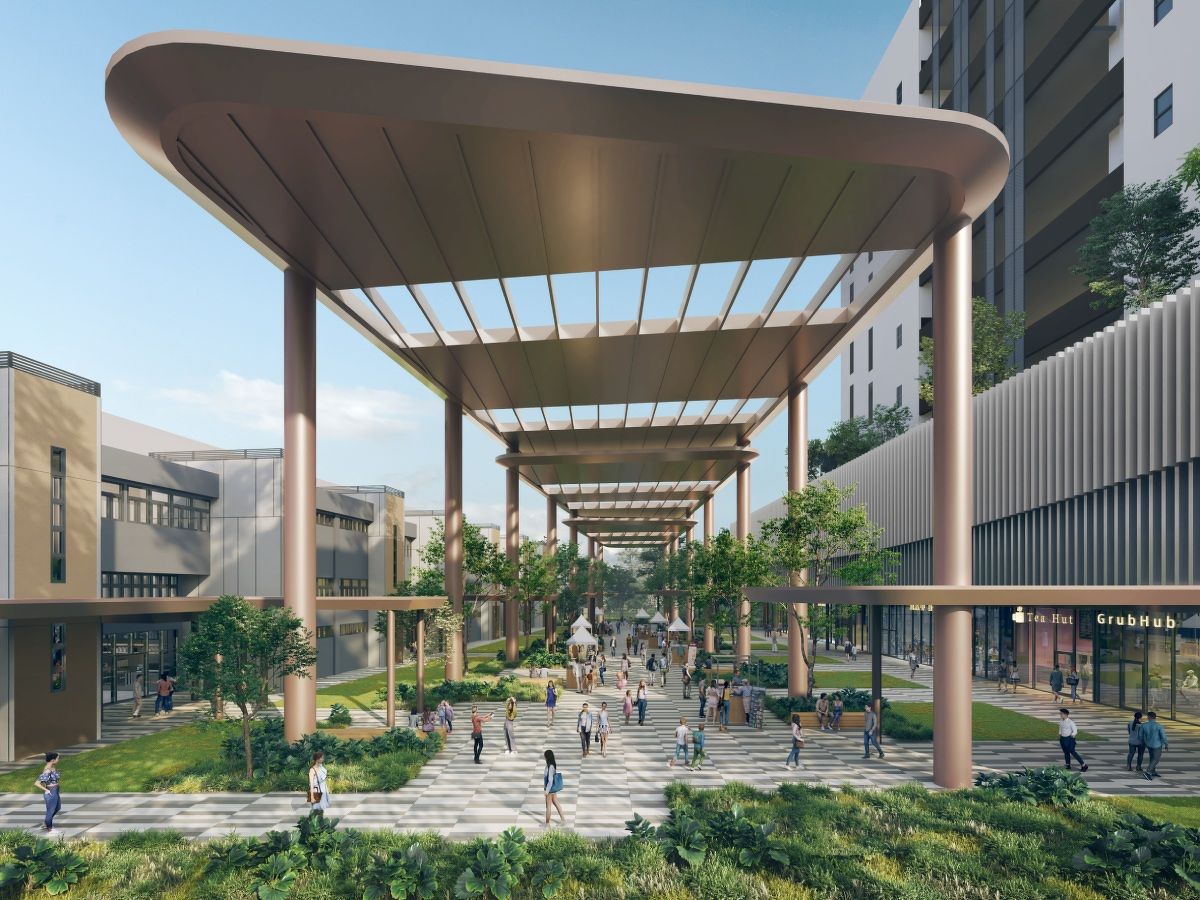 Artist's impression of the central plaza at the development. It will feature food kiosks, fitness corner, community spaces, and placemaking elements and events.