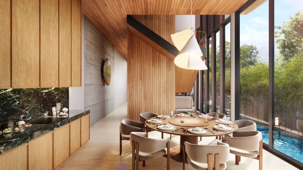 Rendering of dining room at one of the corner terraces