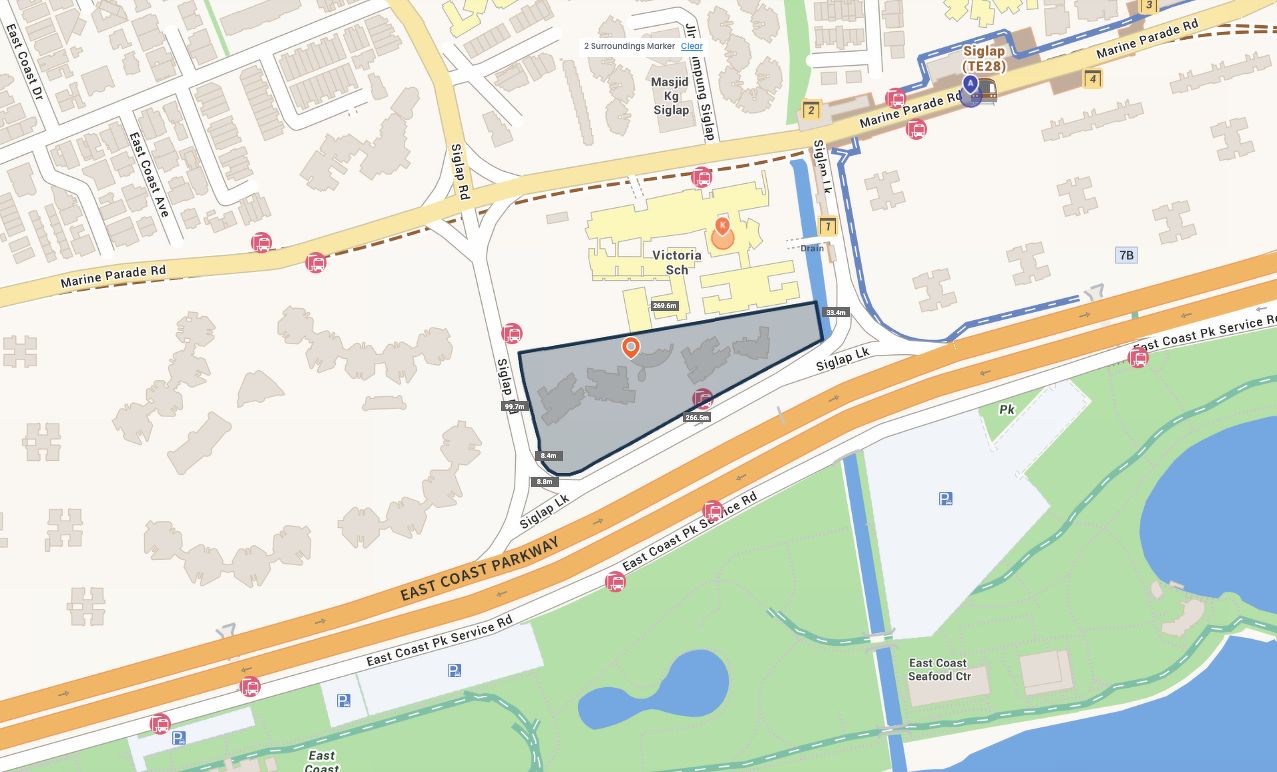 A map of Seaside Residences, Victoria School, Siglap MRT Station, from EdgeProp Landlens tool