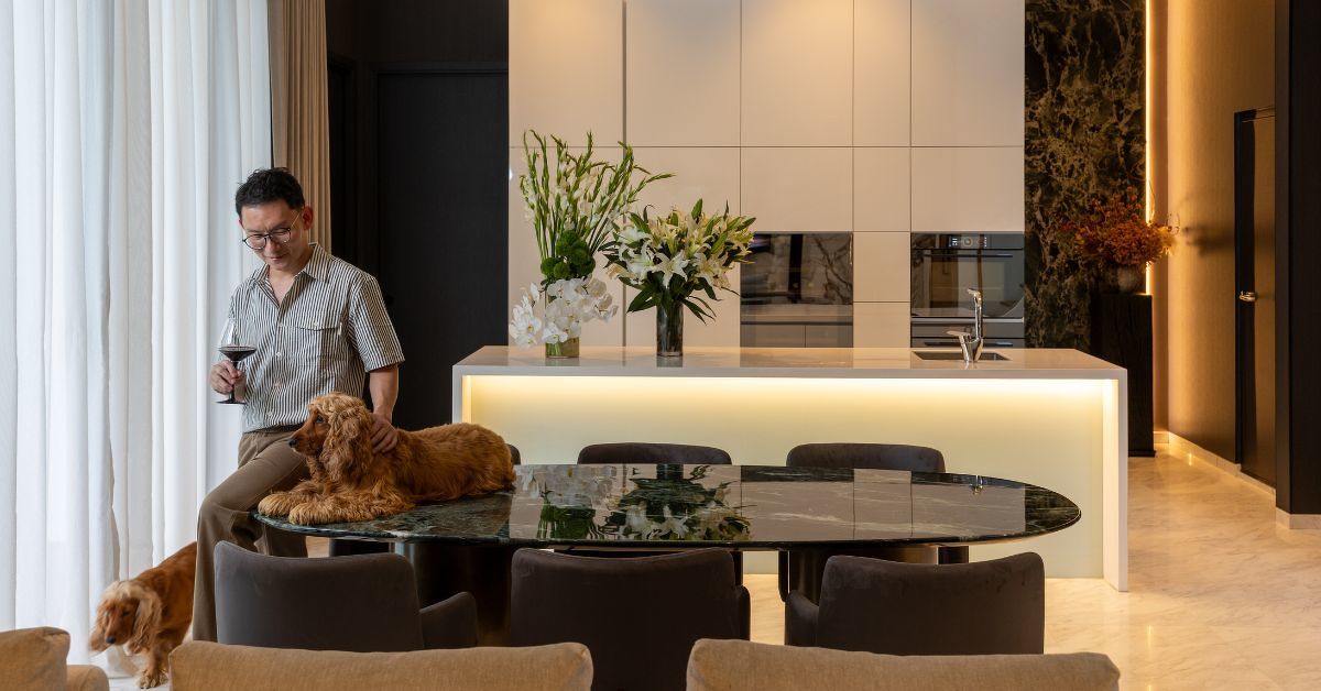 After work, Queck often spends time with his dogs in the open-concept kitchen and adjoining living spaces